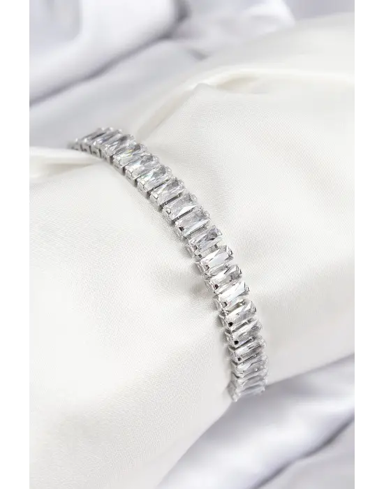 Pirinç Zirkon Taşlı Su Yolu Model Gümüş Renk Asansörlü Kadın Bileklik