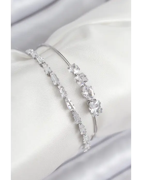 Pirinç Zirkon Taşlı Su Yolu Model Gümüş Renk Kadın Bileklik