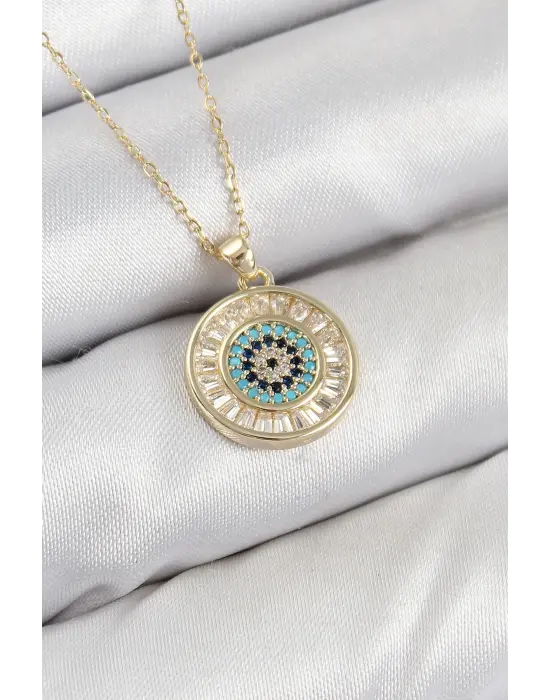 Pirinç Zirkon Taşlı Su Yolu Nazar Model Gold Renk Kadın Kolye