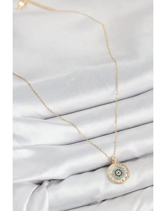 Pirinç Zirkon Taşlı Su Yolu Nazar Model Gold Renk Kadın Kolye