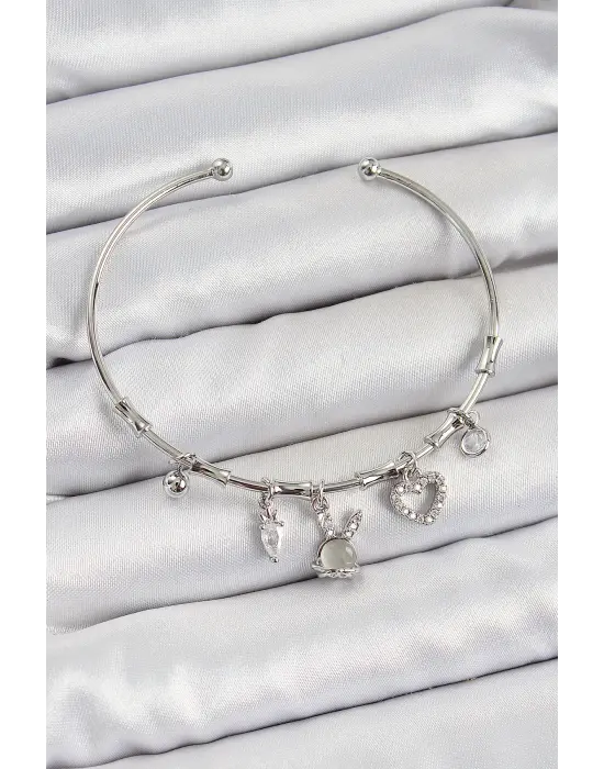 Pirinç Zirkon Taşlı Tavşan Ve Kalp Model Gümüş Renk Charm Bileklik