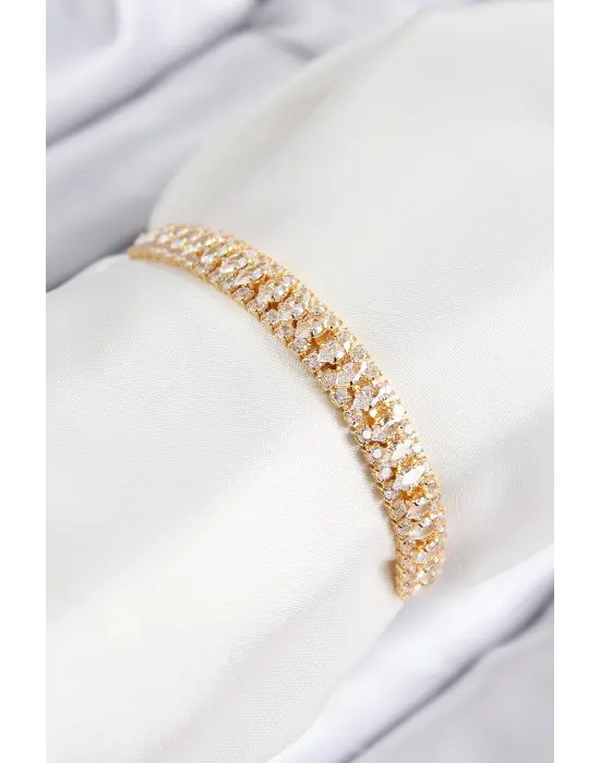 Pirinç Zirkon Taşlı Tennıs Model Gold Renk Asansörlü Kadın Bileklik