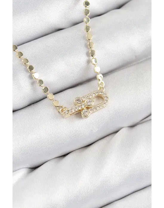 Pirinç Zirkon Taşlı Tifany Model Ezme Zincir Gold Renk Kadın Kolye