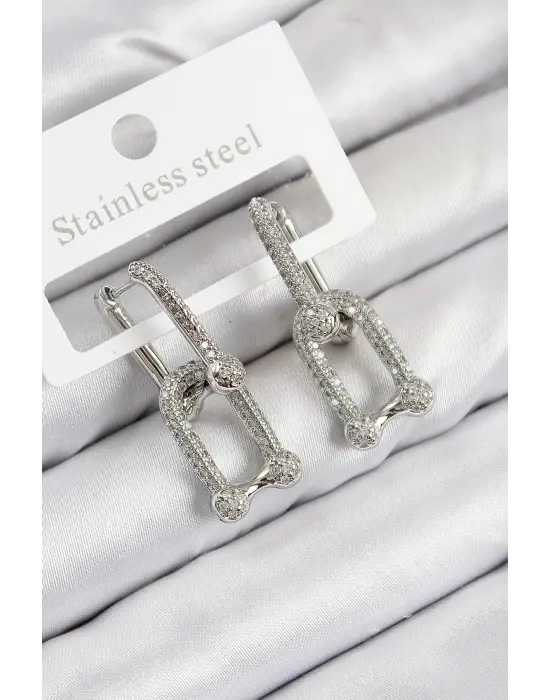 Pirinç Zirkon Taşlı Tifany Model Gümüş Renk Kadın Küpe