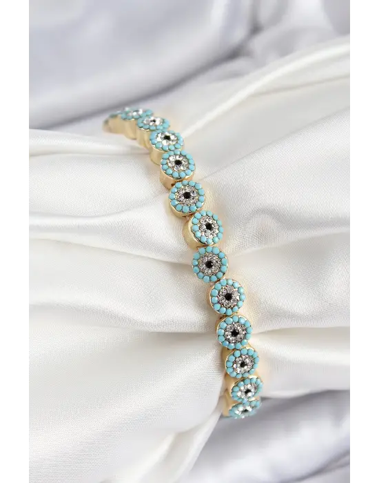 Pirinç Zirkon Taşlı Turkuaz Nazar Model Gold Renk Lastikli Kadın Bileklik