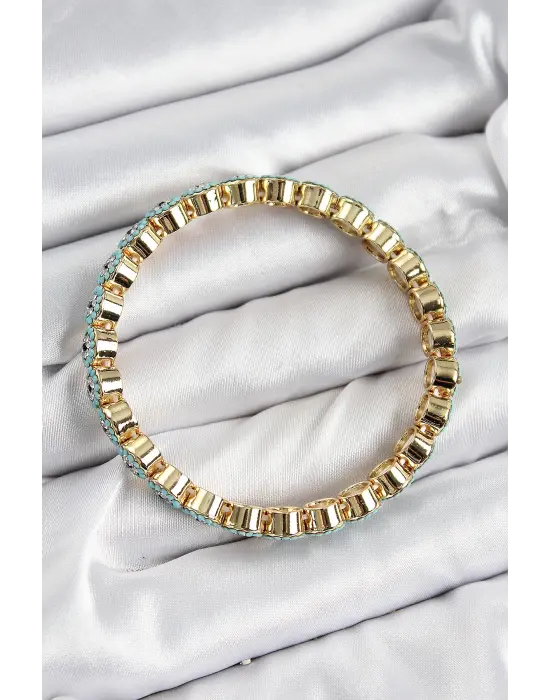 Pirinç Zirkon Taşlı Turkuaz Nazar Model Gold Renk Lastikli Kadın Bileklik