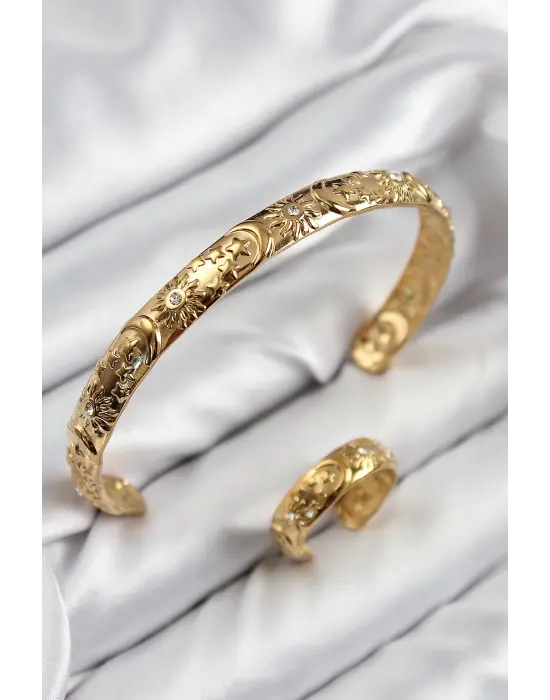 Pirinç Zirkon Taşlı Vintage Model Gold Renk Bileklik Yüzük Set