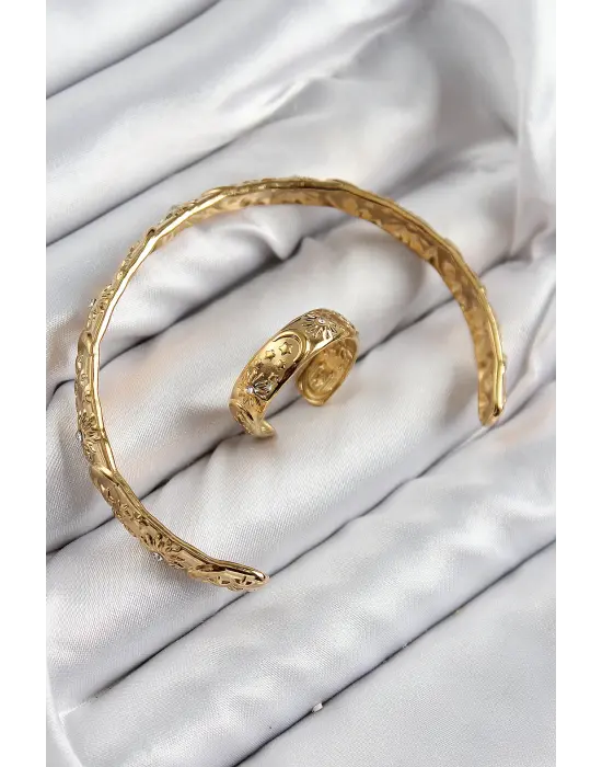 Pirinç Zirkon Taşlı Vintage Model Gold Renk Bileklik Yüzük Set
