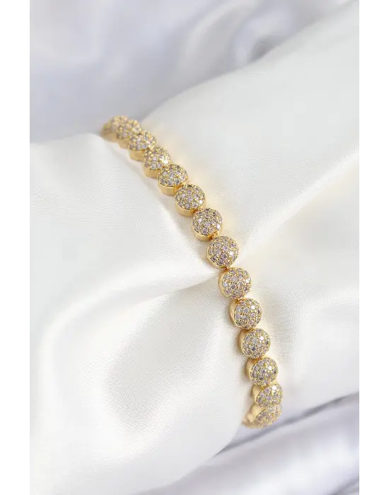 Pirinç Zirkon Taşlı Yarım Topcuk Model Gold Renk VIP Seri Kadın Bileklik