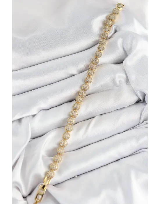 Pirinç Zirkon Taşlı Yarım Topcuk Model Gold Renk VIP Seri Kadın Bileklik