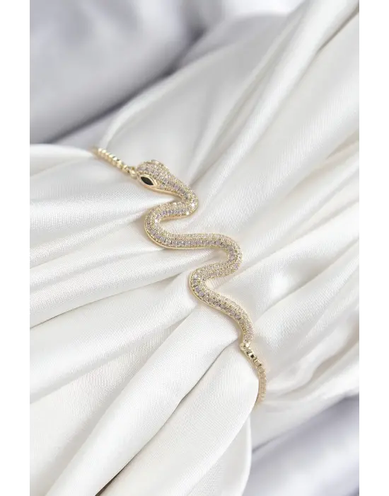 Pirinç Zirkon Taşlı Yılan Model Gold Renk Asansörlü Kadın Bileklik