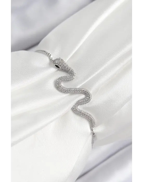 Pirinç Zirkon Taşlı Yılan Model Gümüş Renk Asansörlü Kadın Bileklik