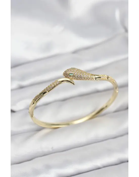 Çelik Zirkon Taşlı Yılan Model Kadın Kelepçe Bileklik
