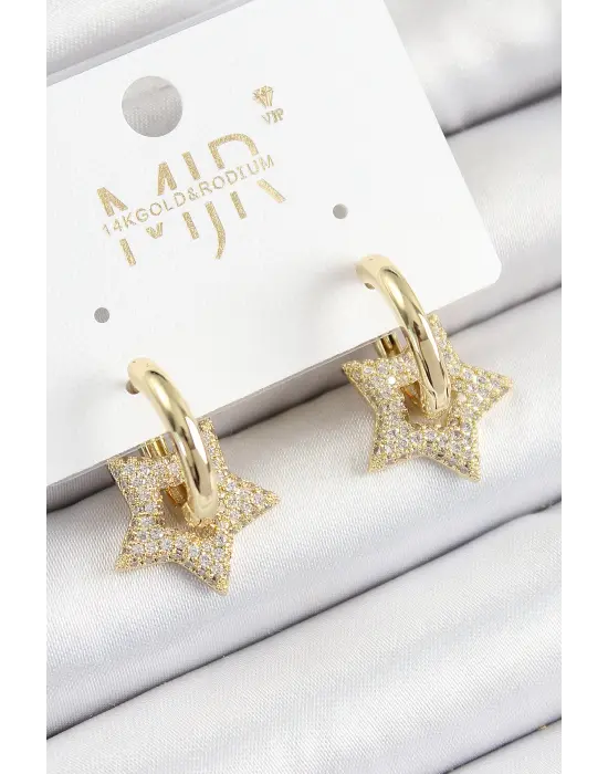 Pirinç Zirkon Taşlı Yıldız Figürlü Halka Model Gold Renk Kadın Küpe
