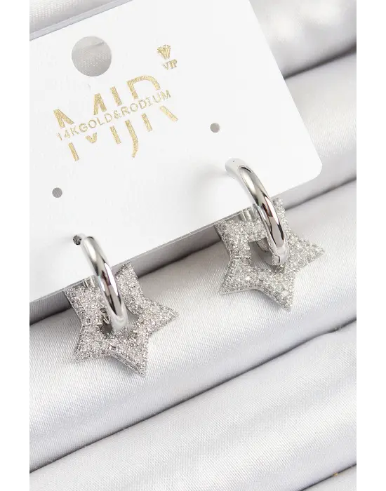 Çelik Zirkon Taşlı Yıldız Figürlü Halka Model Gümüş Renk Kadın Küpe