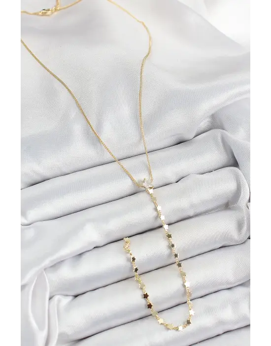 Pirinç Zirkon Taşlı Yıldız Figürlü Y Model Gold Renk Kadın Kolye