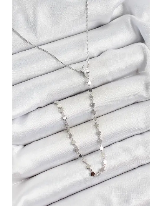 Pirinç Zirkon Taşlı Yıldız Figürlü Y Model Gümüş Renk Kadın Kolye