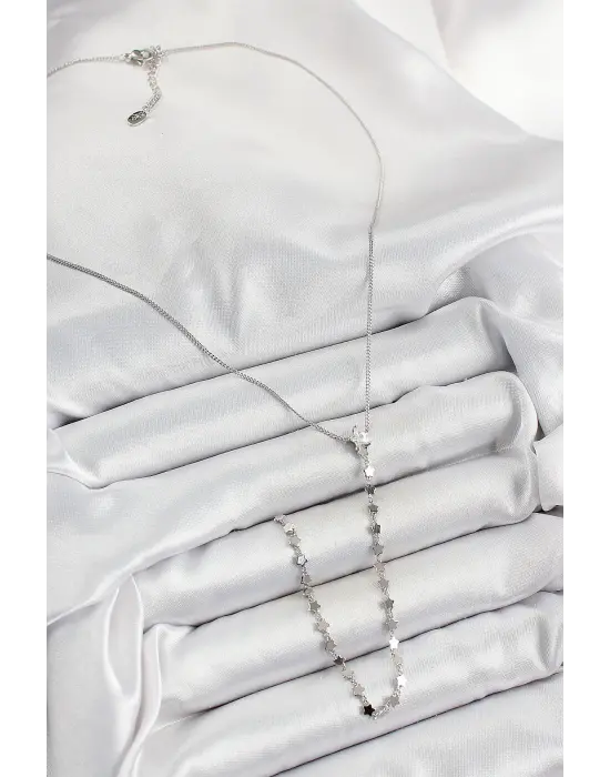 Pirinç Zirkon Taşlı Yıldız Figürlü Y Model Gümüş Renk Kadın Kolye