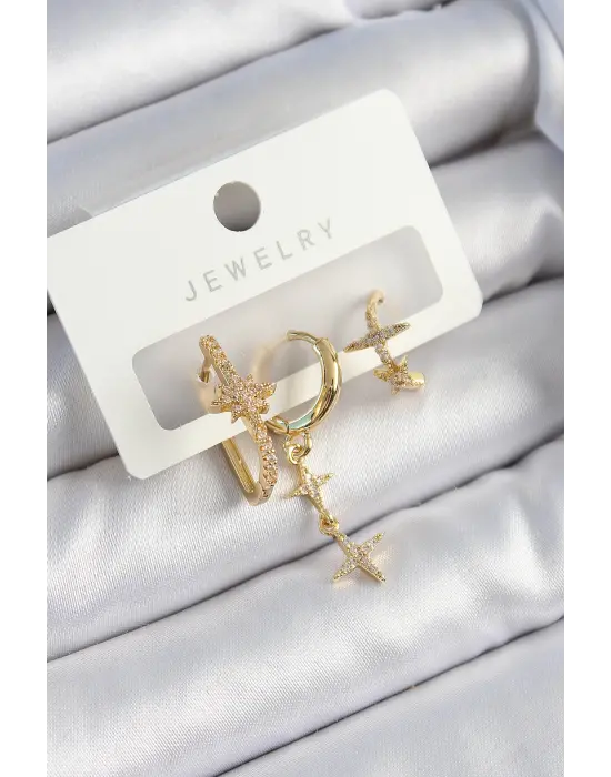 Pirinç Zirkon Taşlı Yıldız Model Gold Renk 3lü Çift Kadın Küpe Set