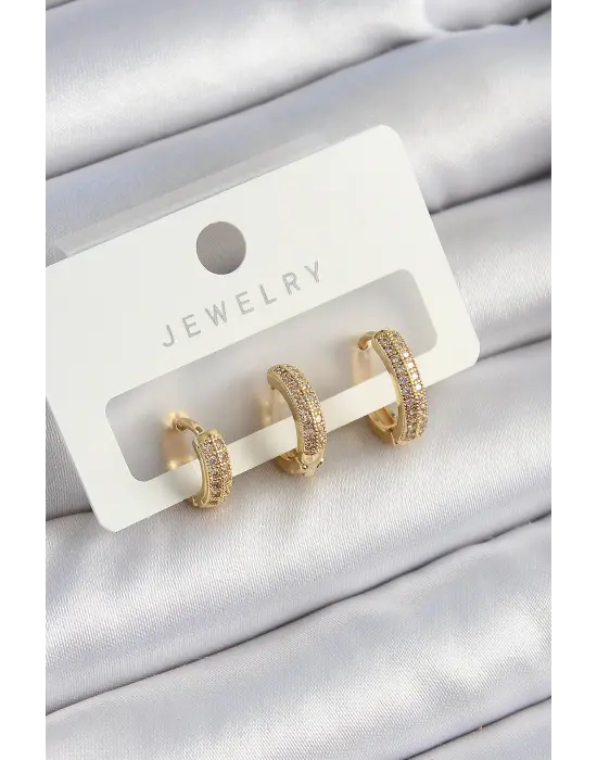 Pirinç Zirkon Taşlı Yıldız Model Gold Renk 3lü Çift Kadın Küpe Set