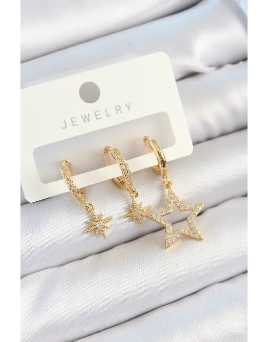 Pirinç Zirkon Taşlı Yıldız Model Gold Renk 3lü Çift Kadın Küpe Set