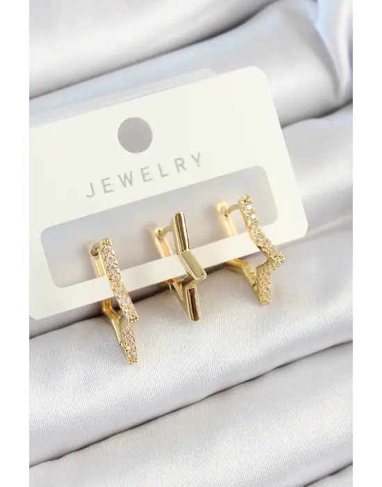 Pirinç Zirkon Taşlı Yıldız Model Gold Renk 3lü Çift Kadın Küpe Set