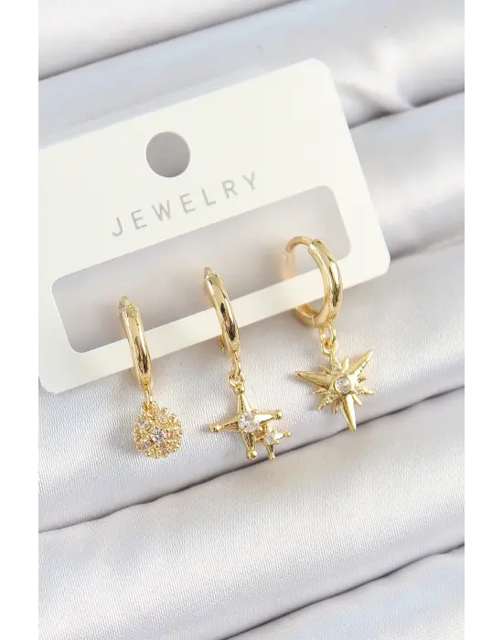Pirinç Zirkon Taşlı Yıldız Model Gold Renk 3lü Çift Kadın Küpe Set