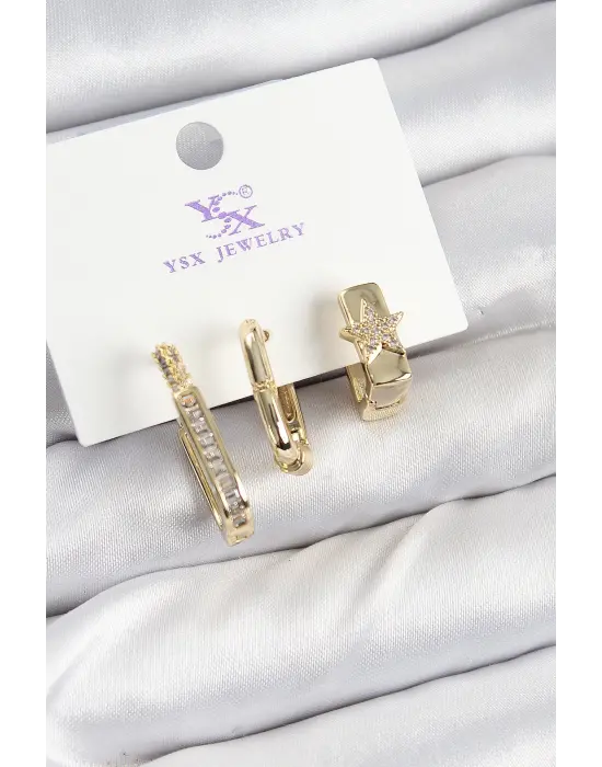 Pirinç Zİrkon Taşlı Yıldız Model Gold Renk 3lü Kadın Küpe
