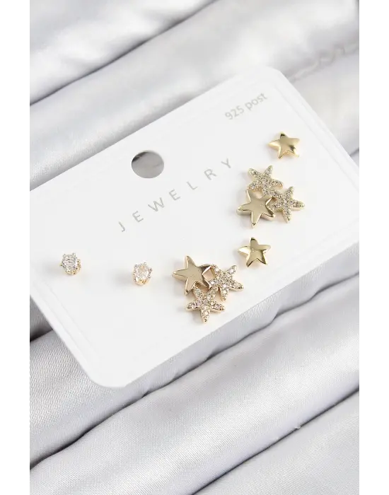 Pirinç Zirkon Taşlı Yıldız Model Gold Renk 925 Ayar Gümüş Çivi Kadın Küpe Set