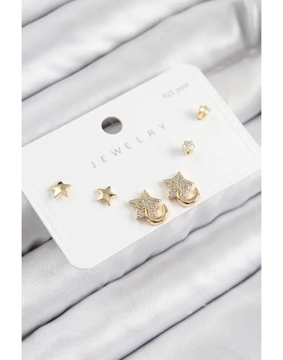Pirinç Zirkon Taşlı Yıldız Model Gold Renk 925 Ayar Gümüş Çivi Kadın Küpe Set