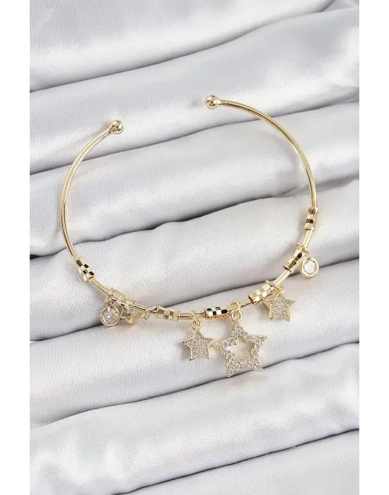 Pirinç Zirkon Taşlı Yıldız Model Gold Renk Charm Bileklik