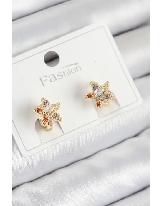 Pirinç Zirkon Taşlı Yıldız Model Gold Renk Çocuk Küpe