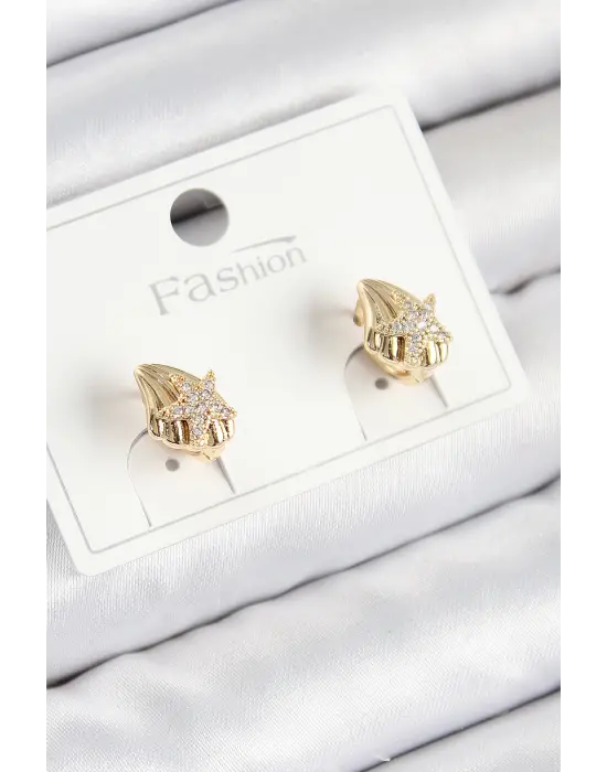 Pirinç Zirkon Taşlı Yıldız Model Gold Renk Çocuk Küpe