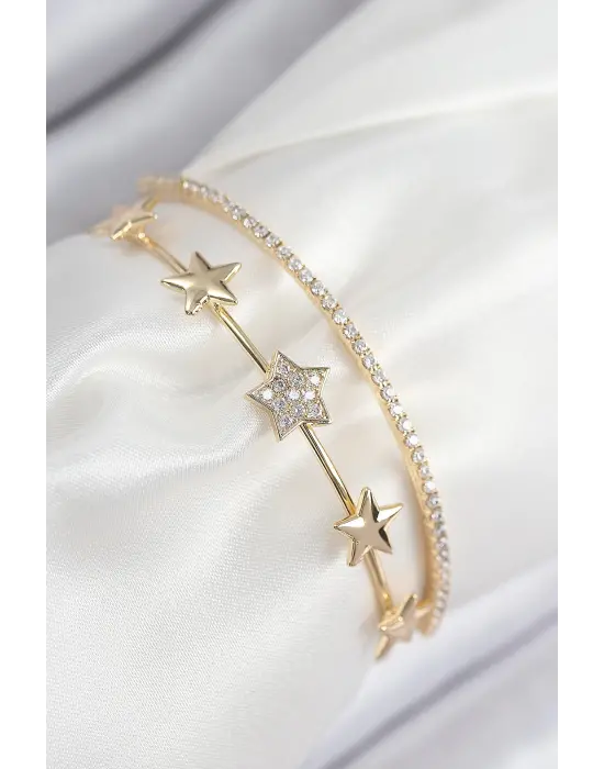 Pirinç Zirkon Taşlı Yıldız Model Gold Renk Kadın Bileklik
