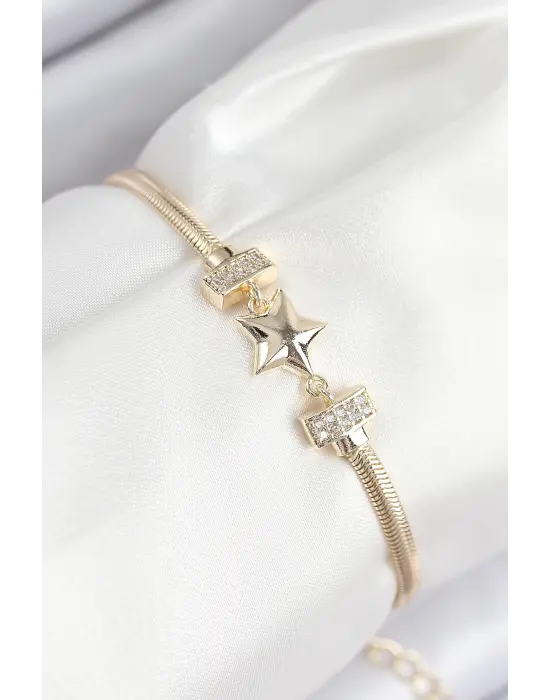 Pirinç Zirkon Taşlı Yıldız Model Gold Renk Kadın Bileklik