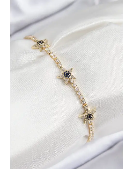 Pirinç Zirkon Taşlı Yıldız Model Gold Renk Kadın Bileklik