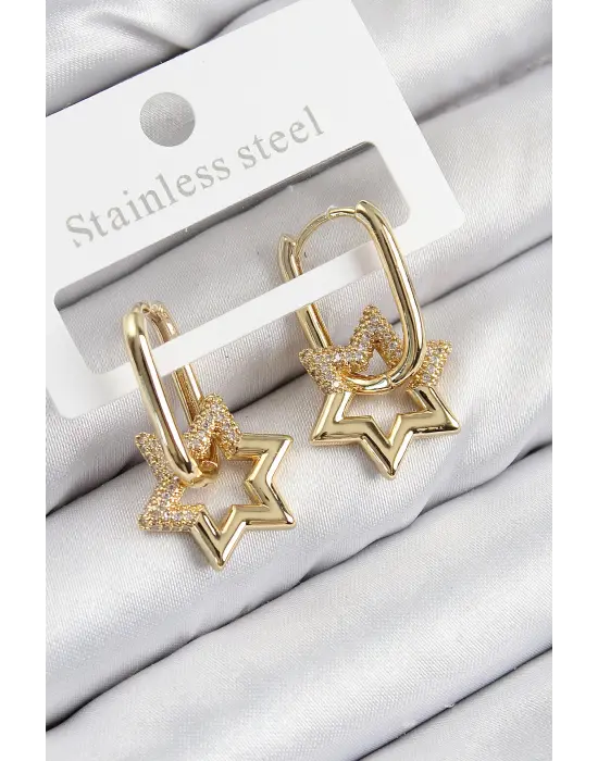 Pirinç Zirkon Taşlı Yıldız Model Gold Renk Kadın Küpe