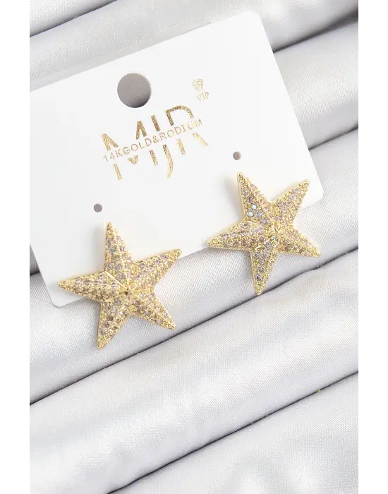 Pirinç Zirkon Taşlı Yıldız Model Gold Renk Kadın Küpe