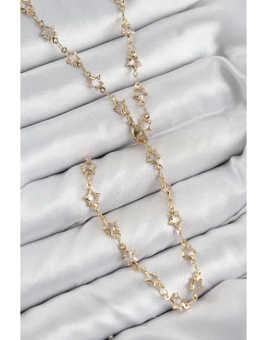 Pirinç Zirkon Taşlı Yıldız Model Gold Renk Kadın Y Kolye