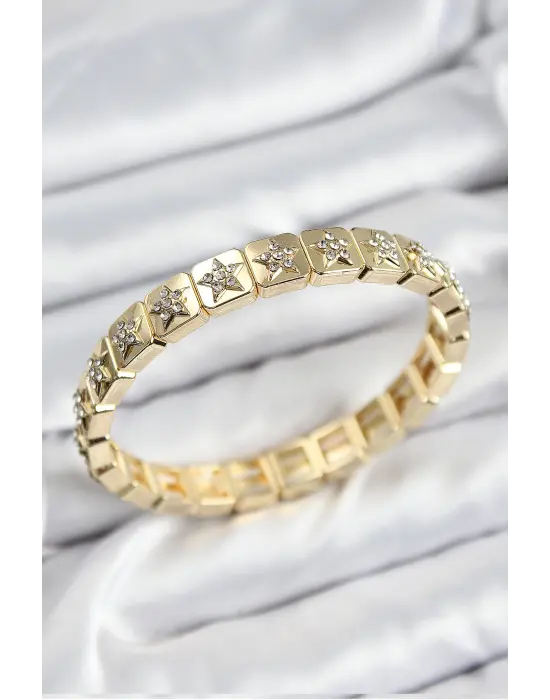 Pirinç Zirkon Taşlı Yıldız Model Gold Renk Lastikli Kadın Bileklik