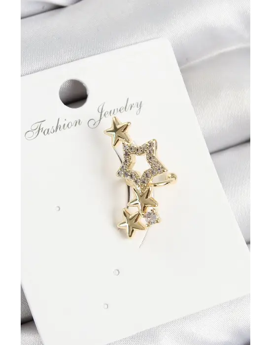 Pirinç Zirkon Taşlı Yıldız Model Gold Renk Sağ Kıkırdak Küpe