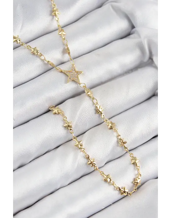 Pirinç Zirkon Taşlı Yıldız Model Gold Renk Y Kolye