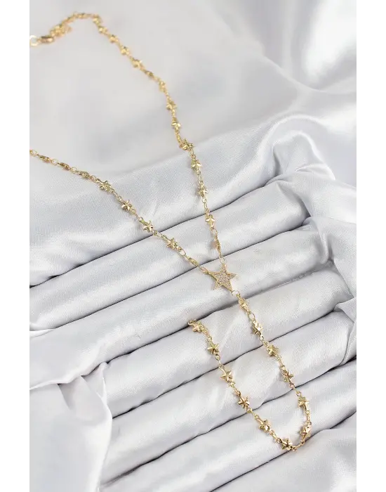 Pirinç Zirkon Taşlı Yıldız Model Gold Renk Y Kolye