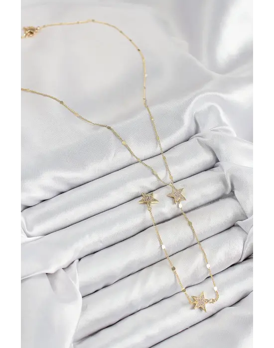 Pirinç Zirkon Taşlı Yıldız Model Gold Renk Y Kolye