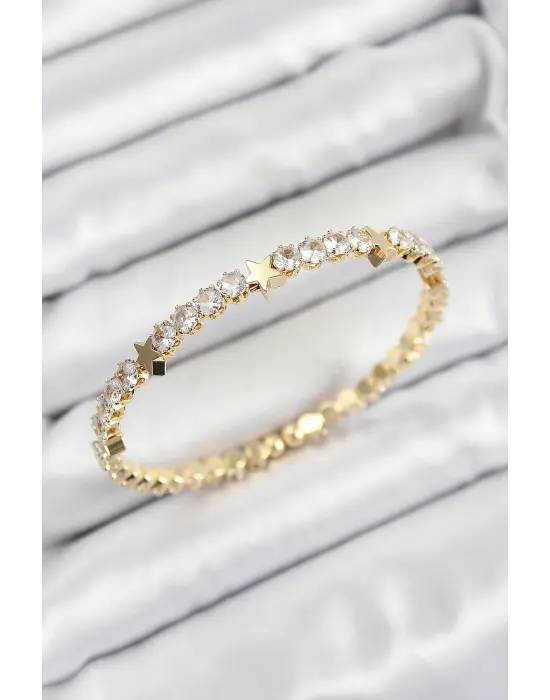 Pirinç Zirkon Taşlı Yıldız Model Gold Renk Yaylı Kadın Bileklik
