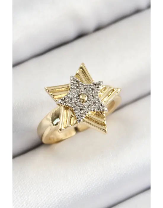 Pirinç Zirkon Taşlı Yıldız Model Gold Ve Gümüş Renk Kadın Yüzük
