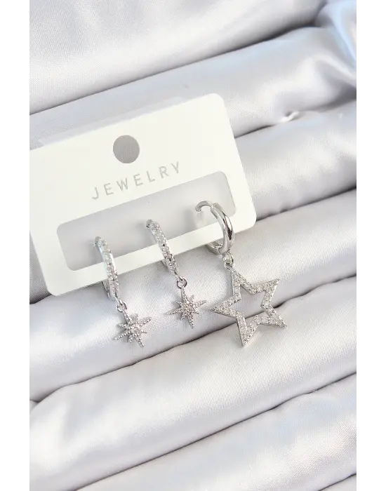 Pirinç Zirkon Taşlı Yıldız Model Gümüş Renk 3lü Çift Kadın Küpe Set