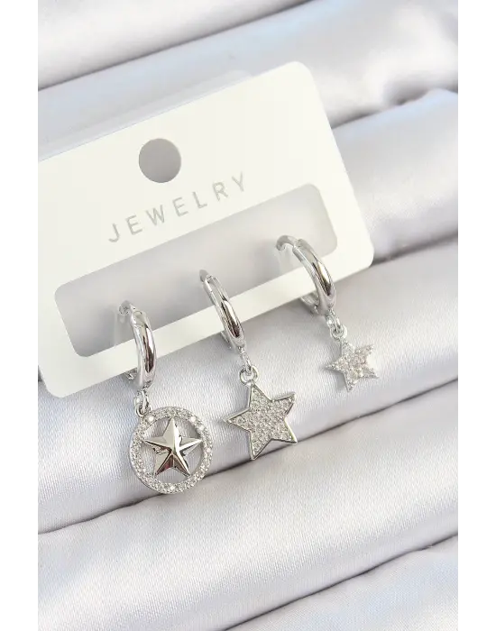 Pirinç Zirkon Taşlı Yıldız Model Gümüş Renk 3lü Çift Kadın Küpe Set