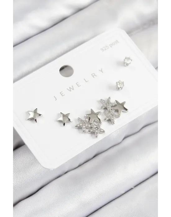 Pirinç Zirkon Taşlı Yıldız Model Gümüş Renk 925 Ayar Gümüş Çivi Kadın Küpe Set