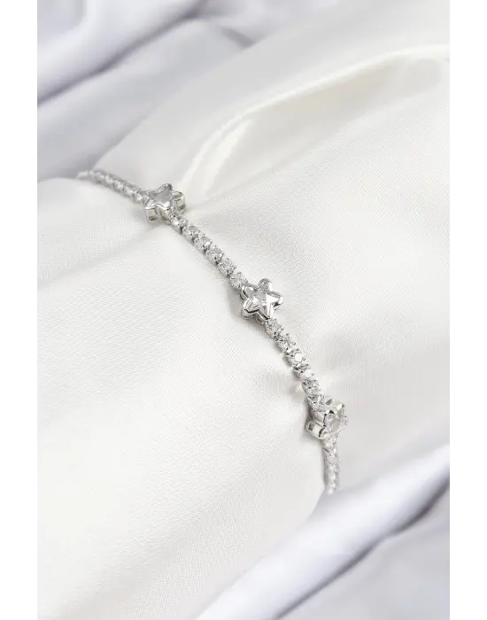 Pirinç Zirkon Taşlı Yıldız Model Gümüş Renk Asansörlü Kadın Bileklik